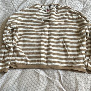 Tommy Hilfiger Men's V-Neck Sweater - Tan and White Stripes